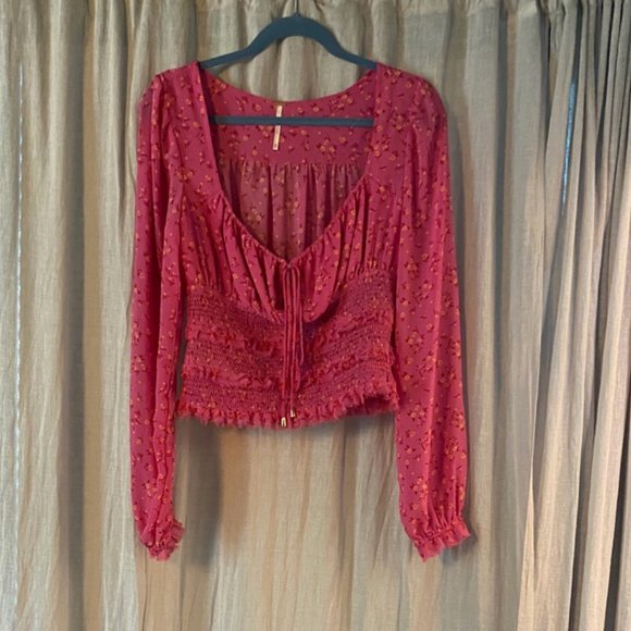 Free People Pink Peasant Top Smocked size S - Picture 6 of 8